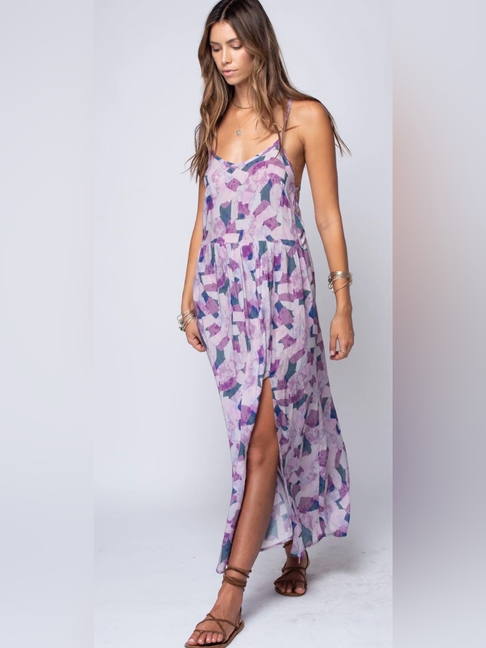 Stillwater Abstract Maxi Dress Meduim Purple Lavender White Pocket Slit NWT